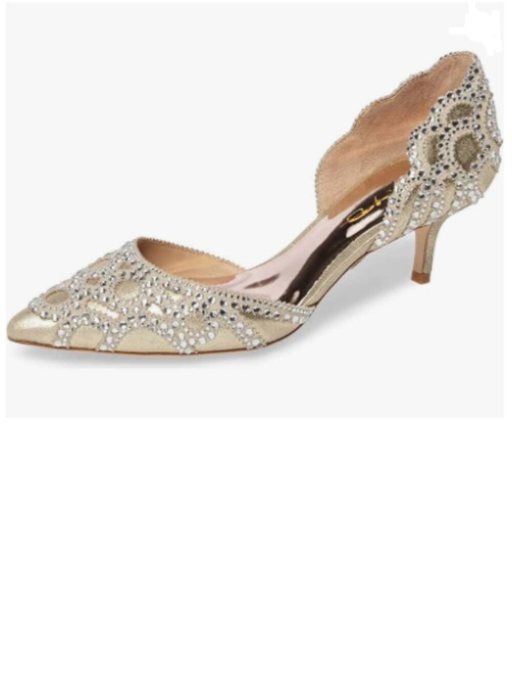 XYD Gold Pumps, Elegant Pointed Toe, D'Orsay Kitten Low Heels, Rhinestone Shoes